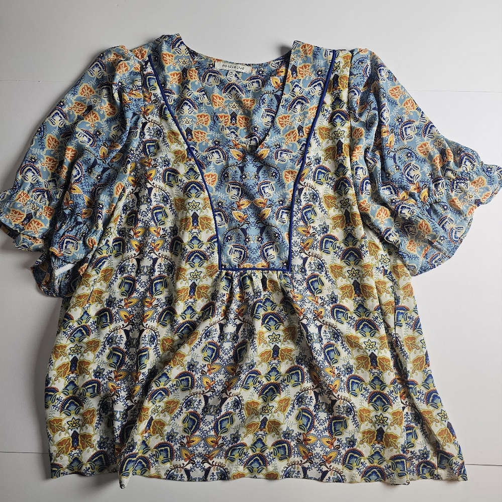 Rose + Olive Multicolor Blue Floral Boho Peasant Short Sleeve Blouse Sz 2X